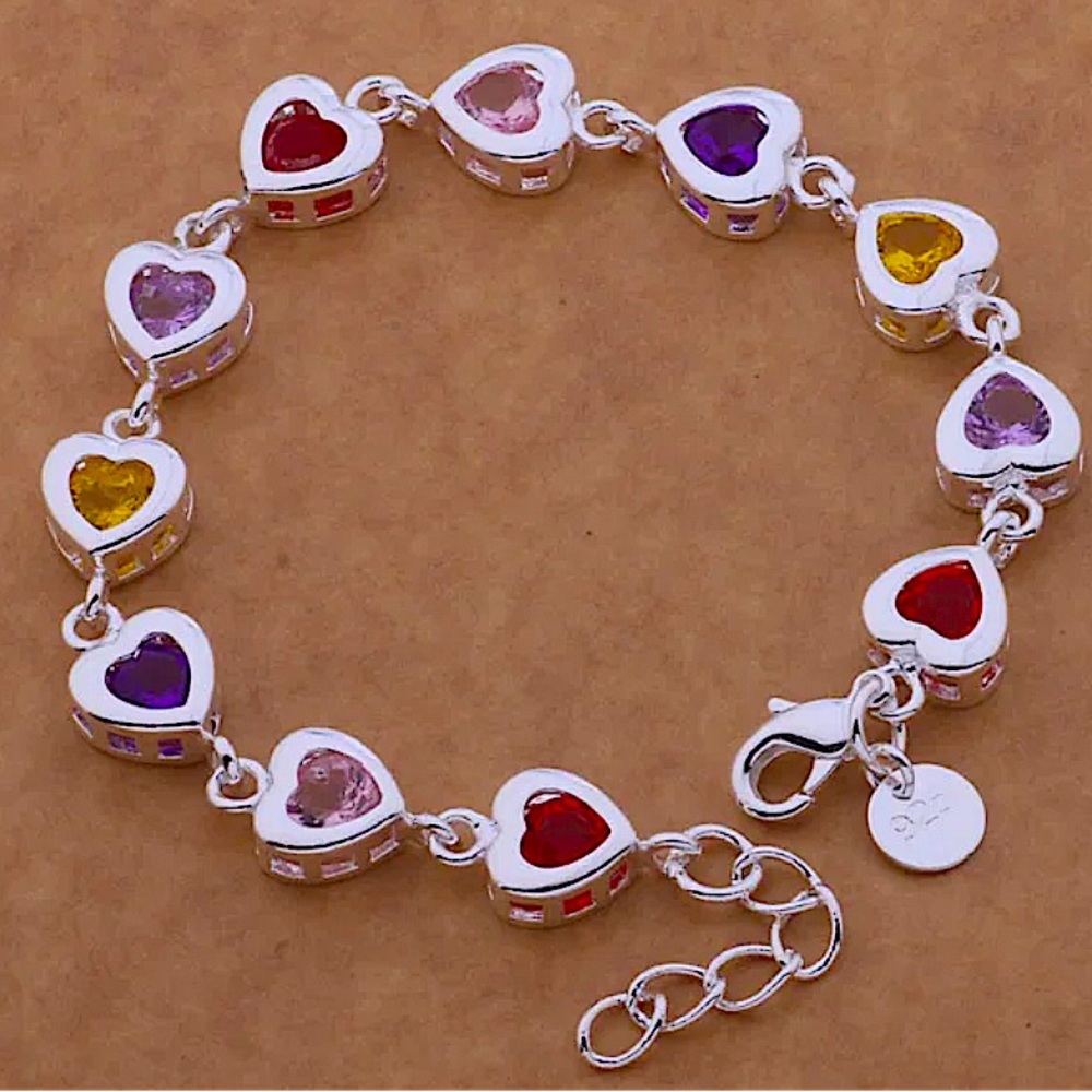 Sterling Silver Heart Multicolor Gemstone 925 Stamped Bracelet